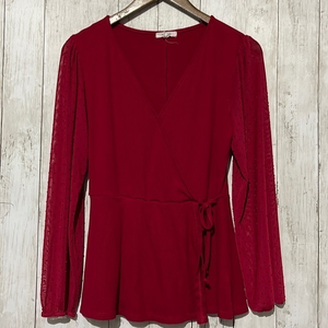 Maurices Medium Wrap Top Womens Red Swiss Dot Mesh Long Sleeve‎ Ribbed Knit